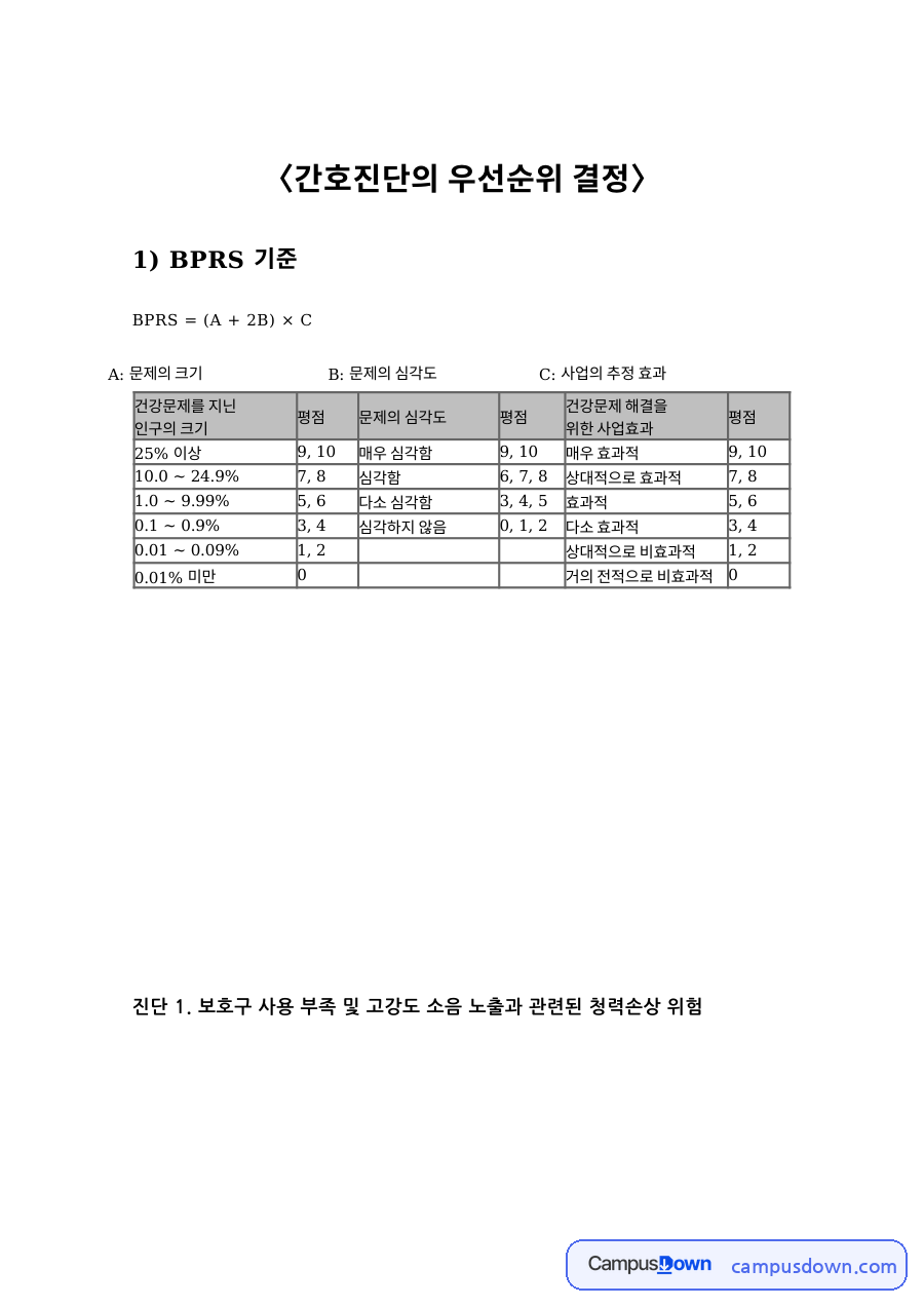 BPRS 기준 간호진단 우선순위 결정 – 산업간호 자료의 첫 페이지 미리보기