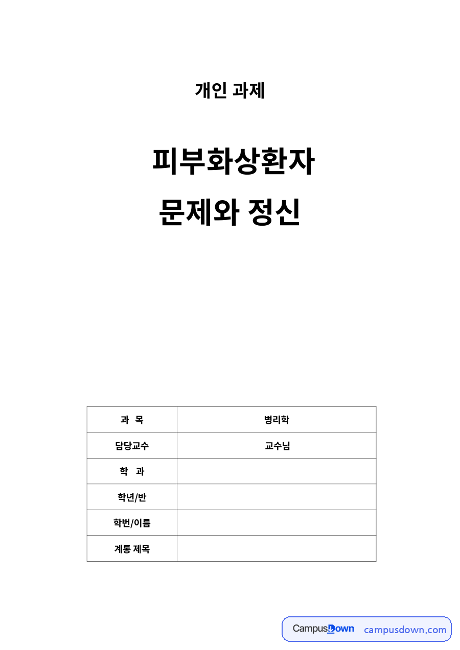 피부화상 환자 정신간호 문제 이론적 근거 통증 불안 과제 자료의 첫 페이지 미리보기