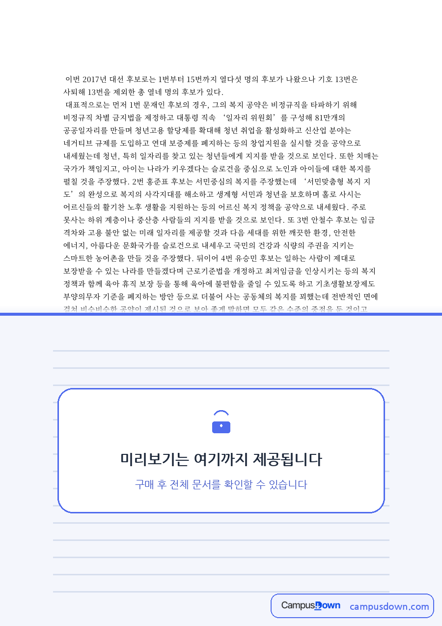 후보와 공약, 청년 관련 핵심 내용 요약 정리 자료의 첫 페이지 미리보기