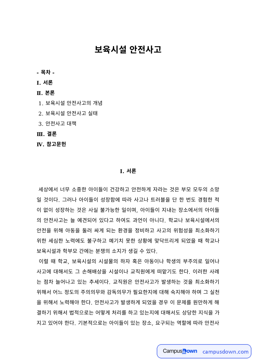보육시설 안전사고의 개념과 실태, 안전사고 대책 자료의 첫 페이지 미리보기