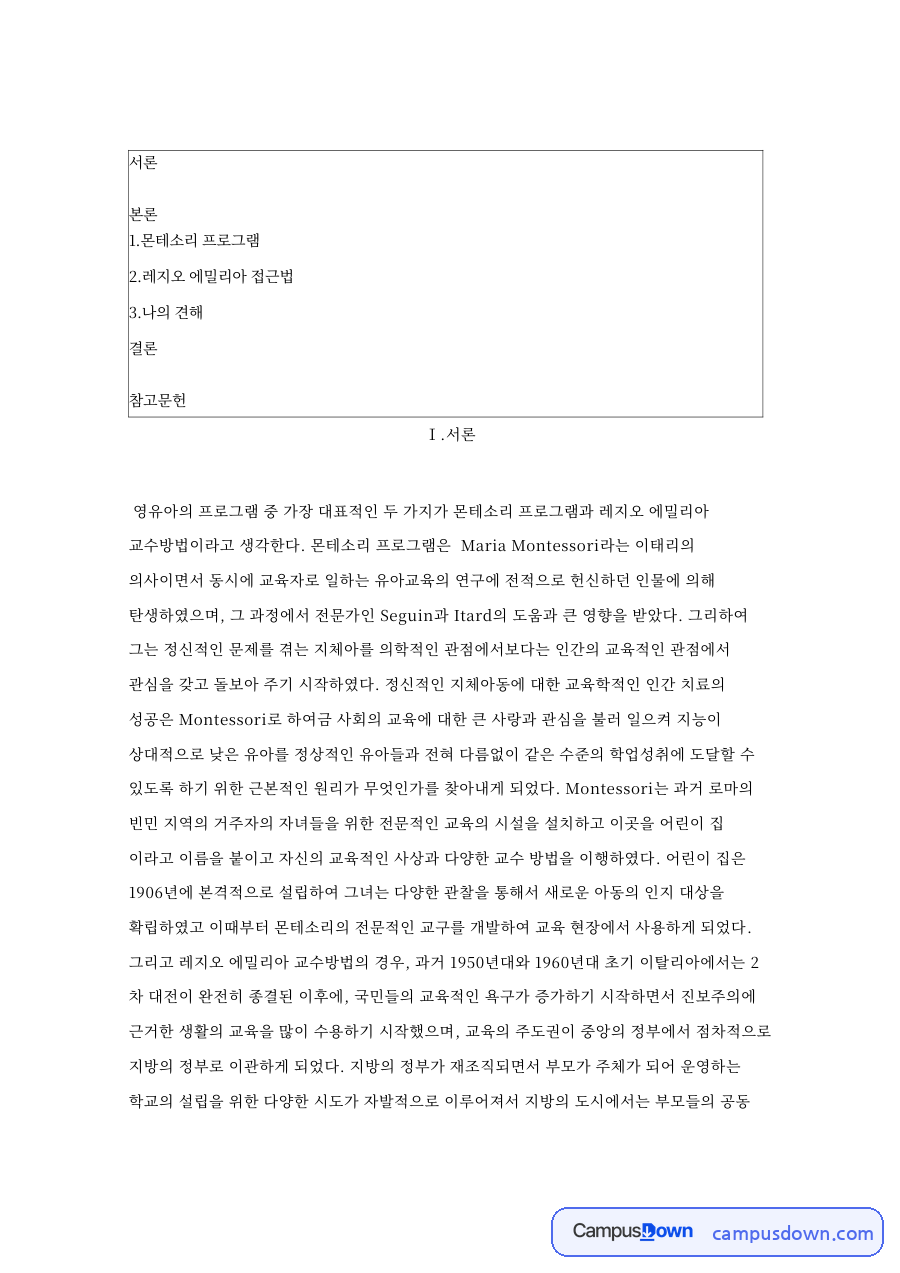 몬테소리 프로그램: 레지오·에밀리아 중심 핵심 내용 정리 자료의 첫 페이지 미리보기