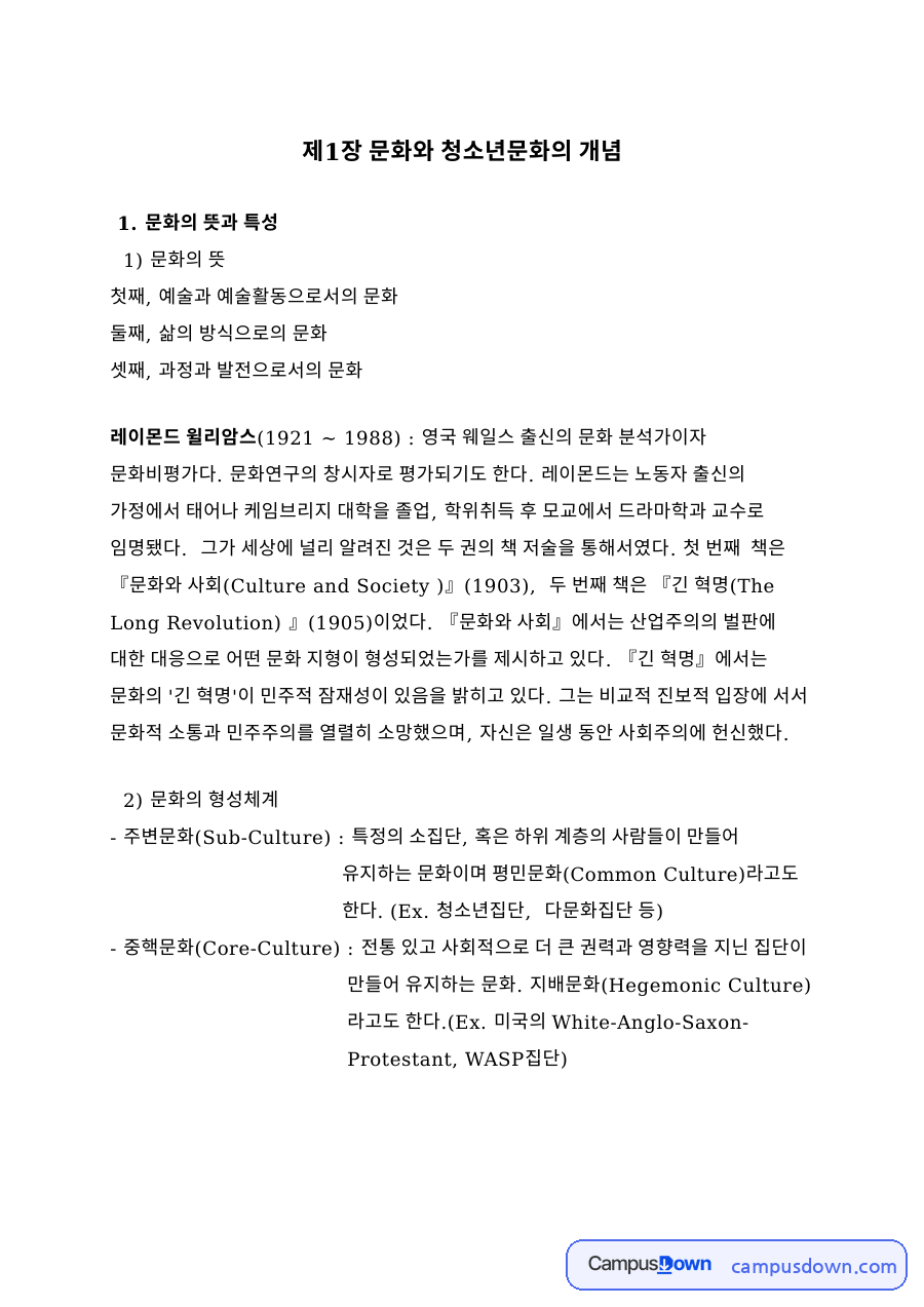 제1장 문화와 청소년문화의 개념 자료의 첫 페이지 미리보기