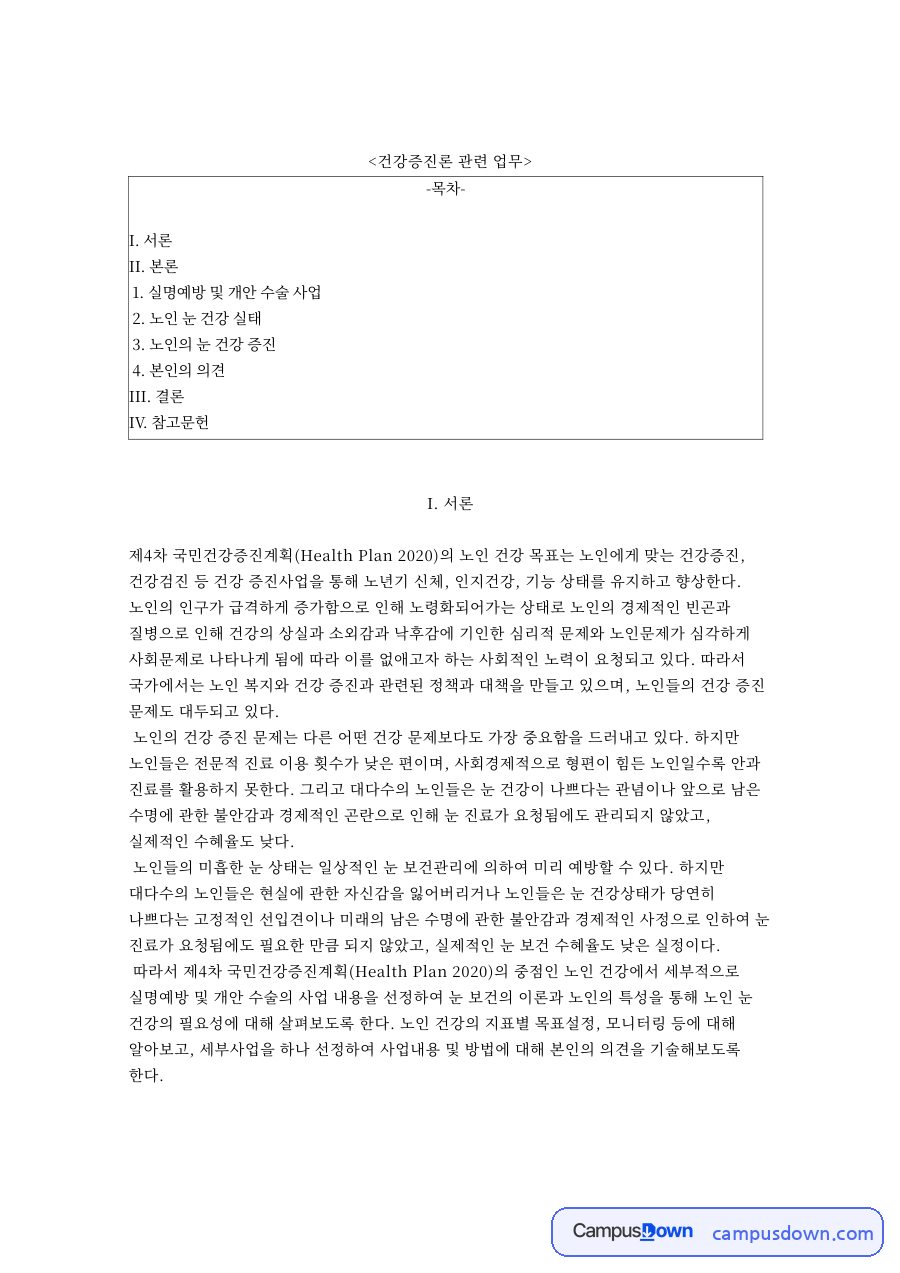 건강증진론 관련 업무와 실명예방 및 개안 수술 사업 자료의 첫 페이지 미리보기
