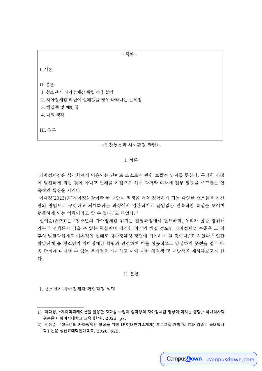 청소년기 자아정체감 확립과정과 해결책·예방책 – 인간행동과 사회환경 자료의 첫 페이지 미리보기