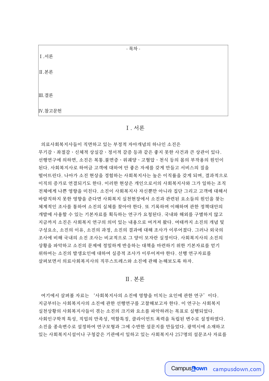 사회복지사의 소진의 이론적 배경 및 선행연구와 서론 자료의 첫 페이지 미리보기