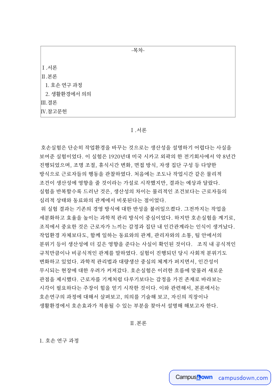 호손 연구 과정 자료의 첫 페이지 미리보기