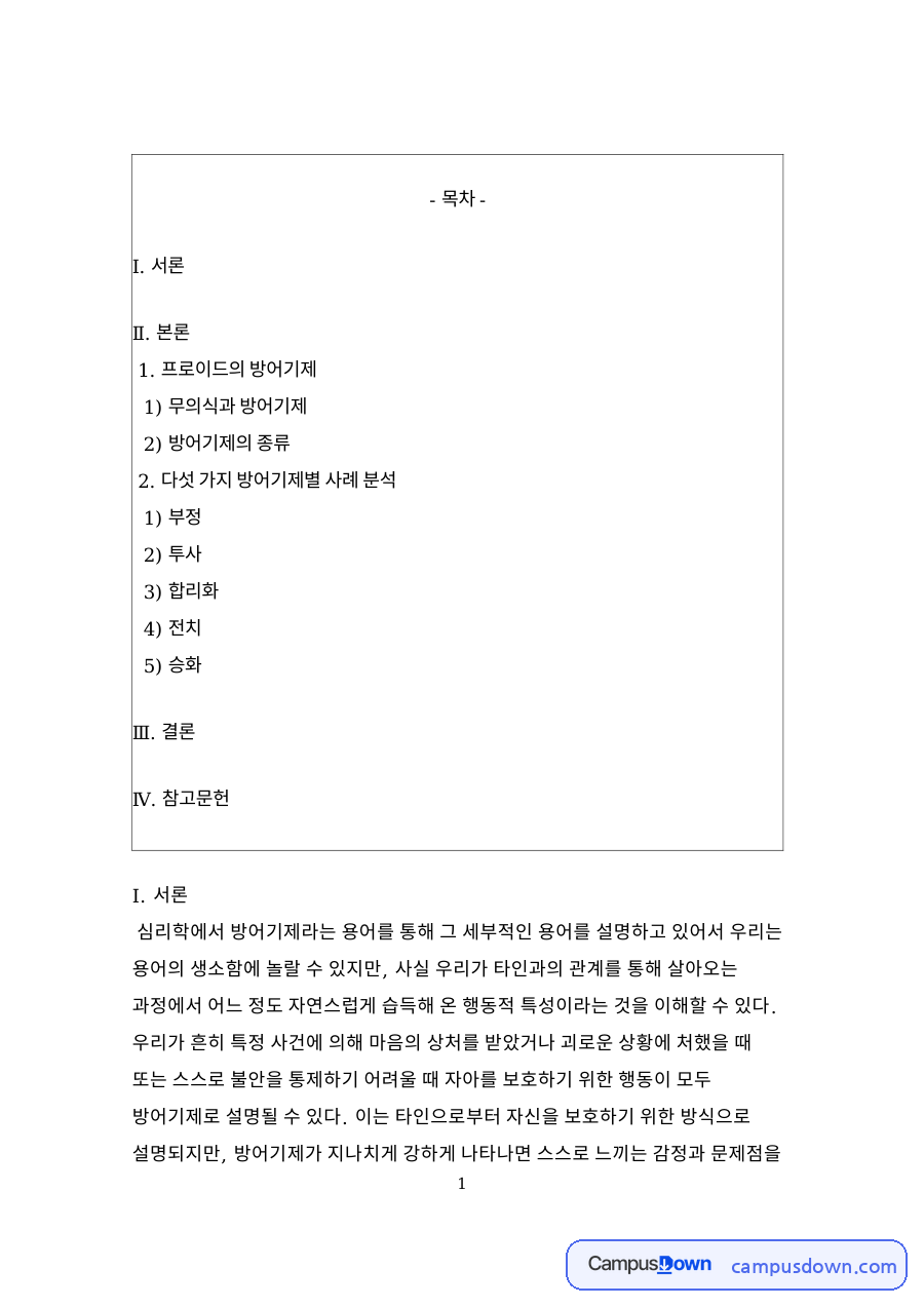 프로이드의 방어기제 자료의 첫 페이지 미리보기