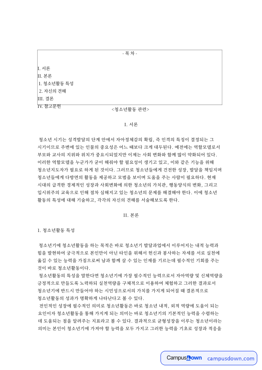 청소년활동: 청소년기·청소년들 중심 핵심 내용 정리 자료의 첫 페이지 미리보기