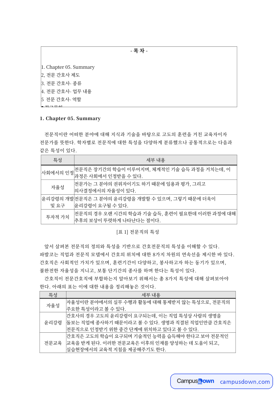 전문 간호사- 종류 핵심 개념과 주요 내용 정리 자료의 첫 페이지 미리보기