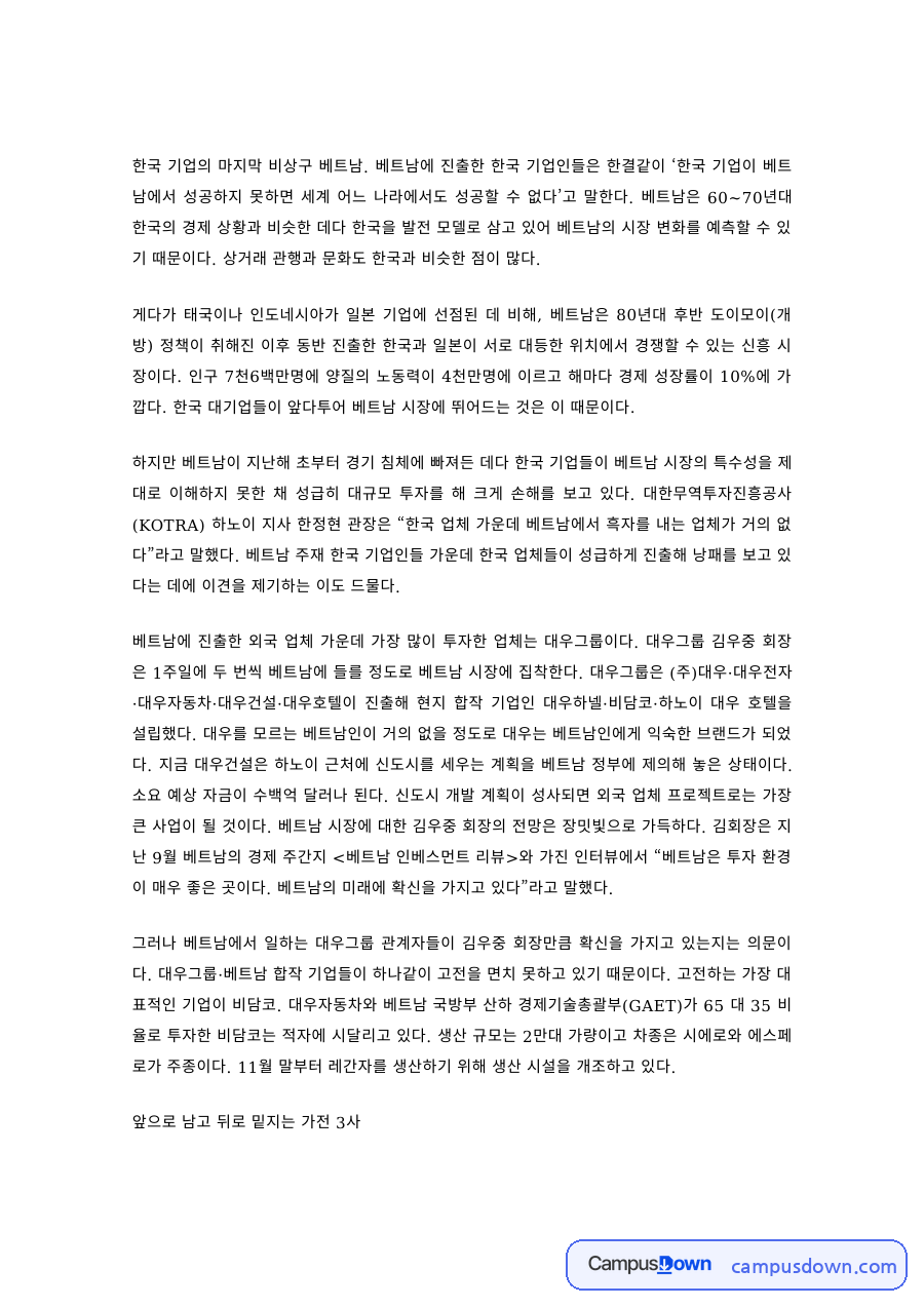 한국 기업의 베트남 진출 성공·실패 사례 자료의 첫 페이지 미리보기