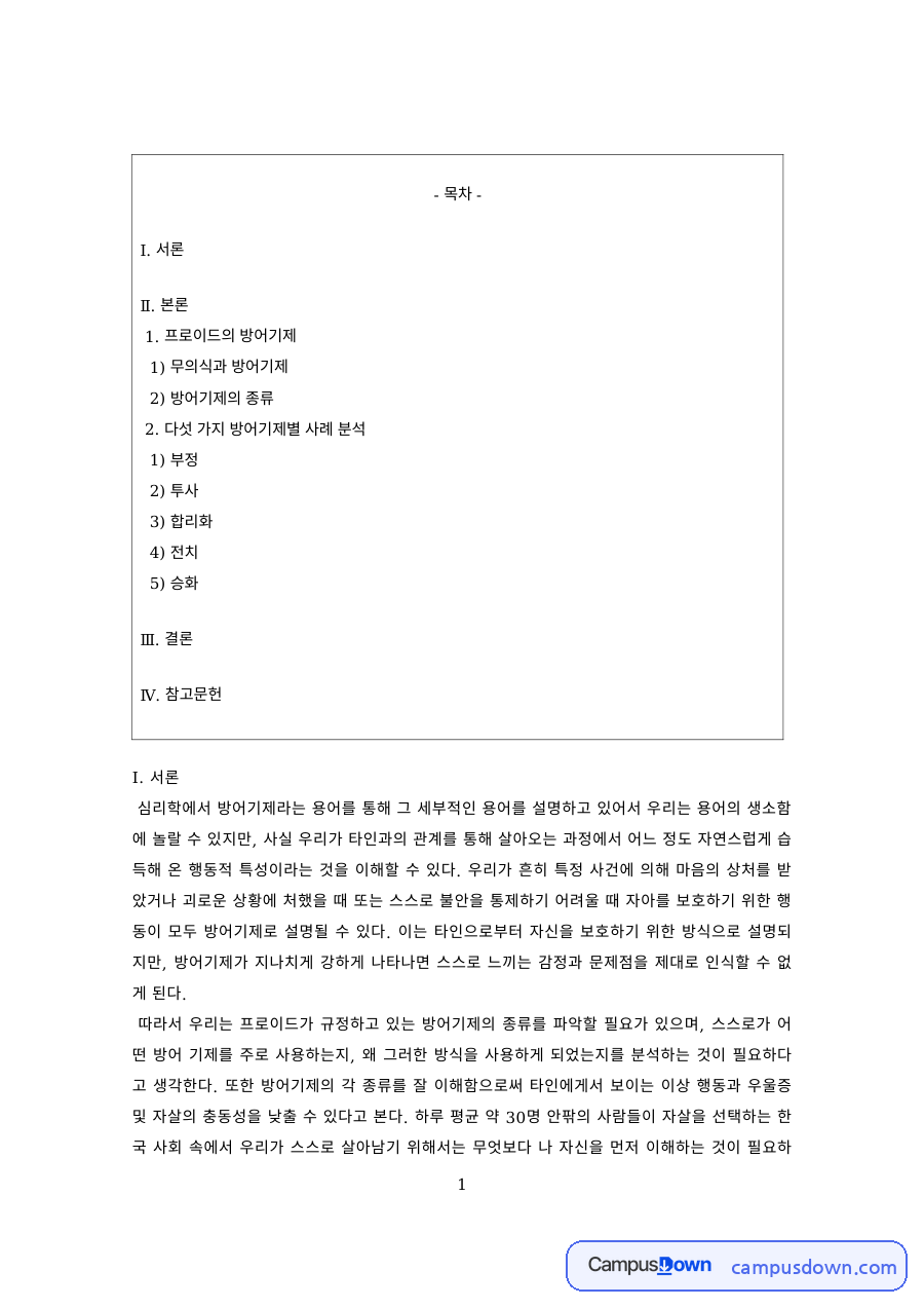 심리학개론 과제 – 무의식과 방어기제의 종류 자료의 첫 페이지 미리보기