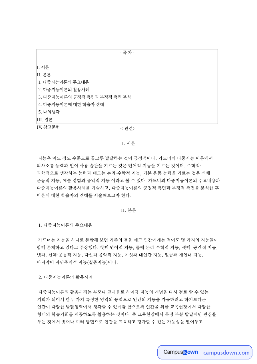 다중지능이론: 가드너·활용사례 중심 핵심 내용 정리 자료의 첫 페이지 미리보기