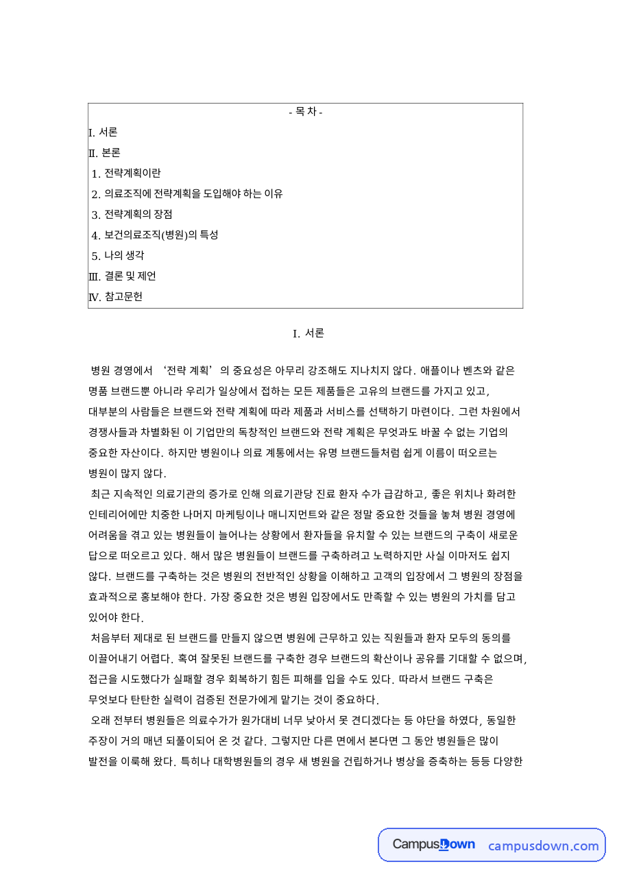 병원 브랜드와 전략계획 수립, 의료기관 기획 업무 개원 자료의 첫 페이지 미리보기