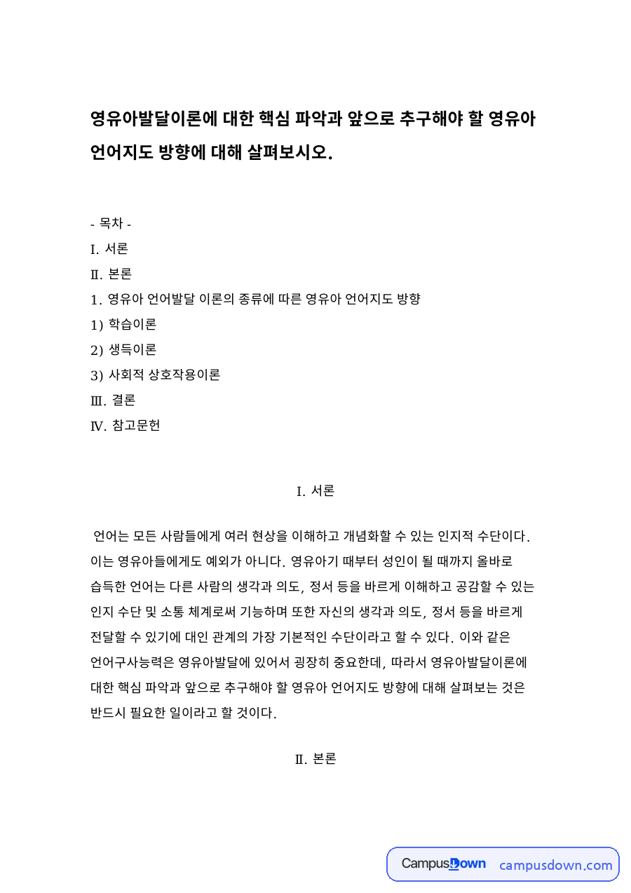 영유아 언어발달 이론의 종류에 따른 영유아 언어지도 방향 자료의 첫 페이지 미리보기