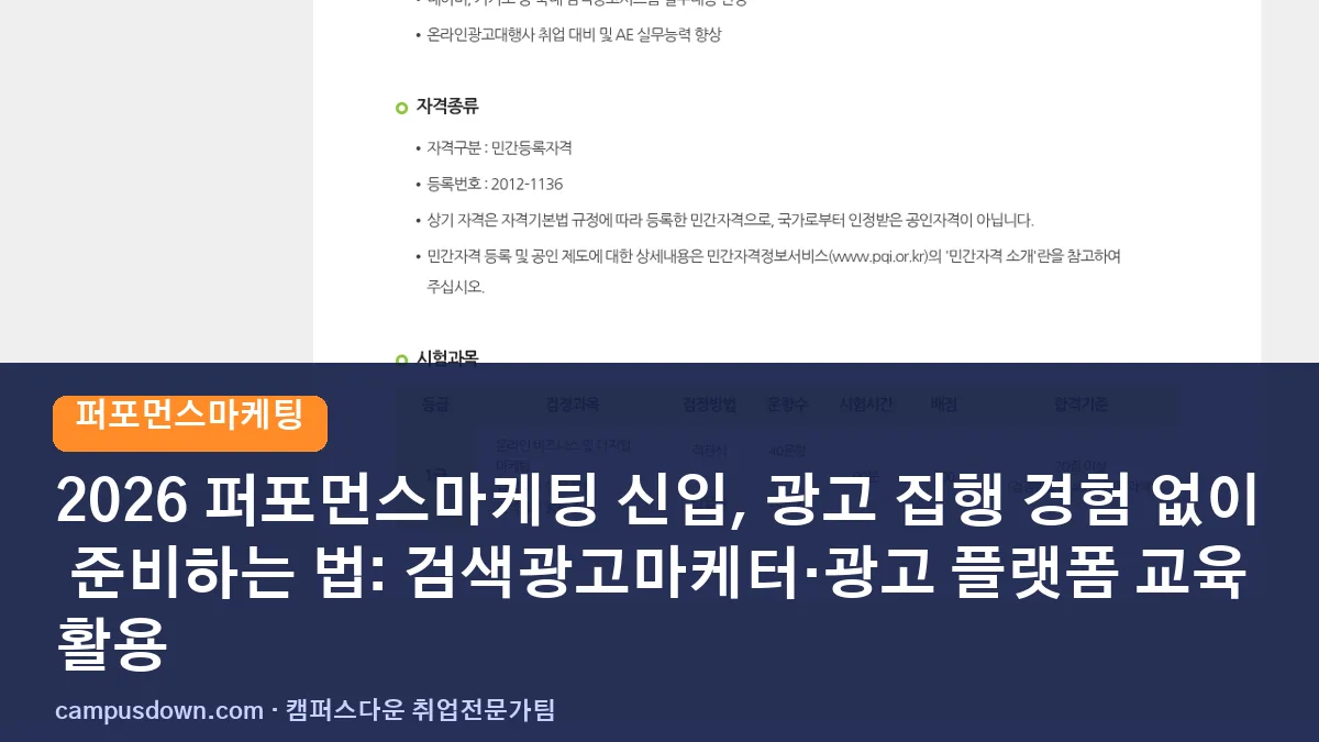 2026 퍼포먼스마케팅 신입, 광고 집행 경험 없이 준비하는 법: 검색광고마케터·광고 플랫폼 교육 활용
