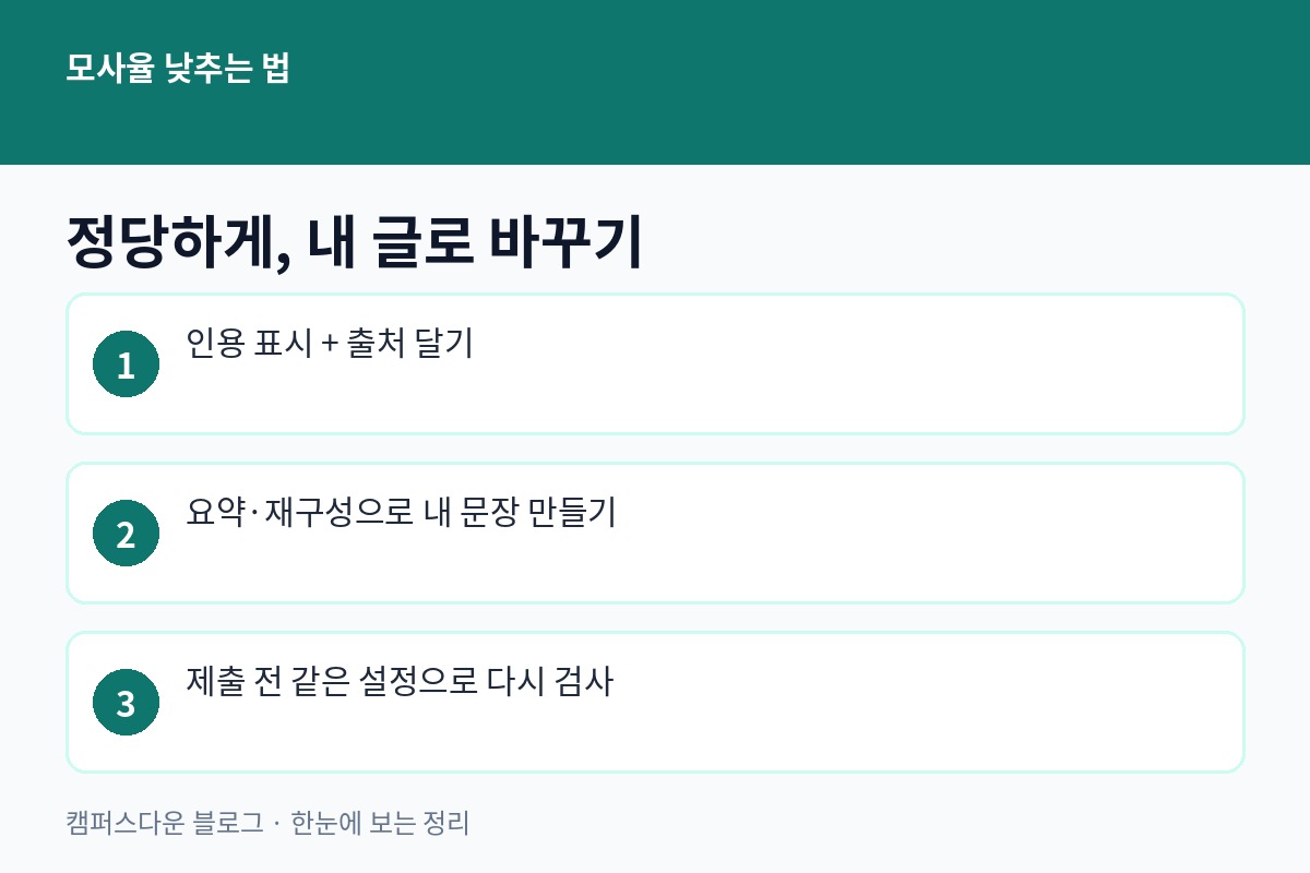 모사율 낮추는 법 - 인용 표시와 출처, 요약 재구성, 제출 전 같은 설정으로 재검사