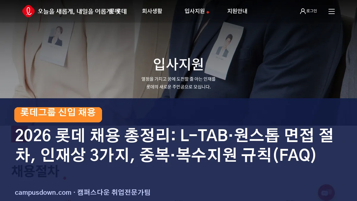 2026 롯데 채용 총정리: L-TAB·원스톱 면접 절차, 인재상 3가지, 중복·복수지원 규칙(FAQ)