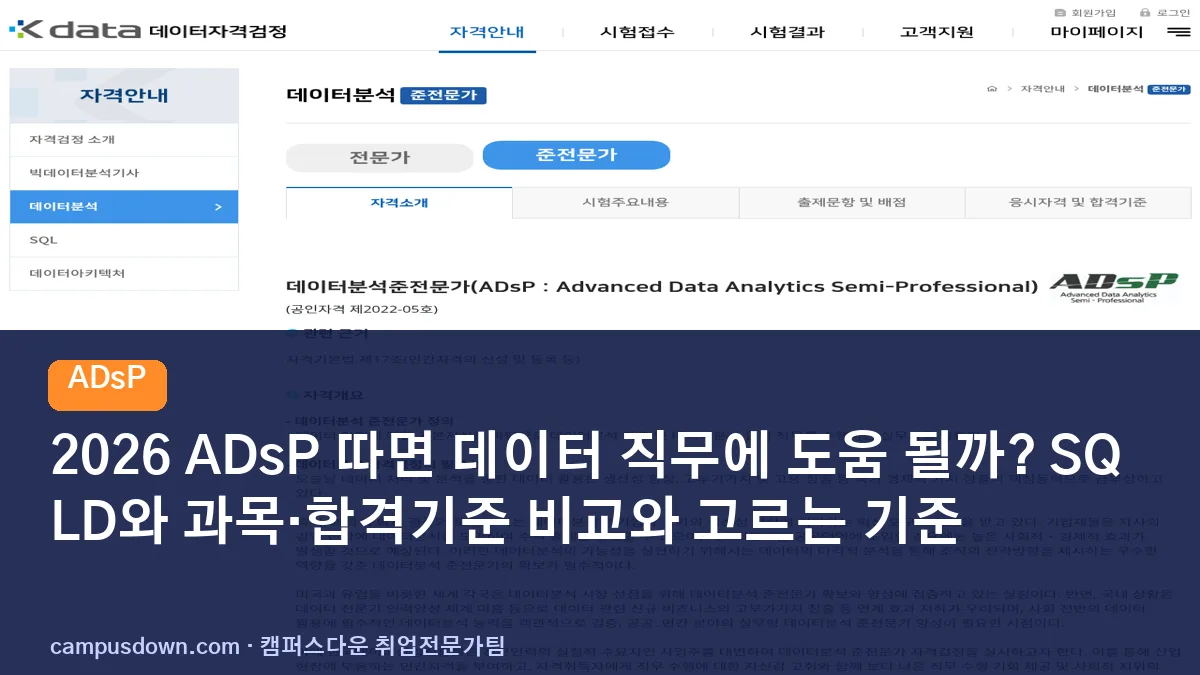 2026 ADsP 따면 데이터 직무에 도움 될까? SQLD와 과목·합격기준 비교와 고르는 기준