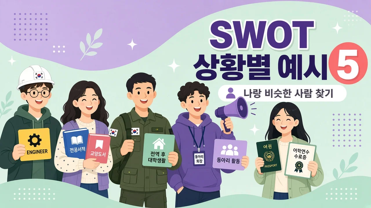 대학생 SWOT 상황별 예시 5가지: 공대 인턴·이중전공·복학생·동아리 회장·어학연수 vs 자격증