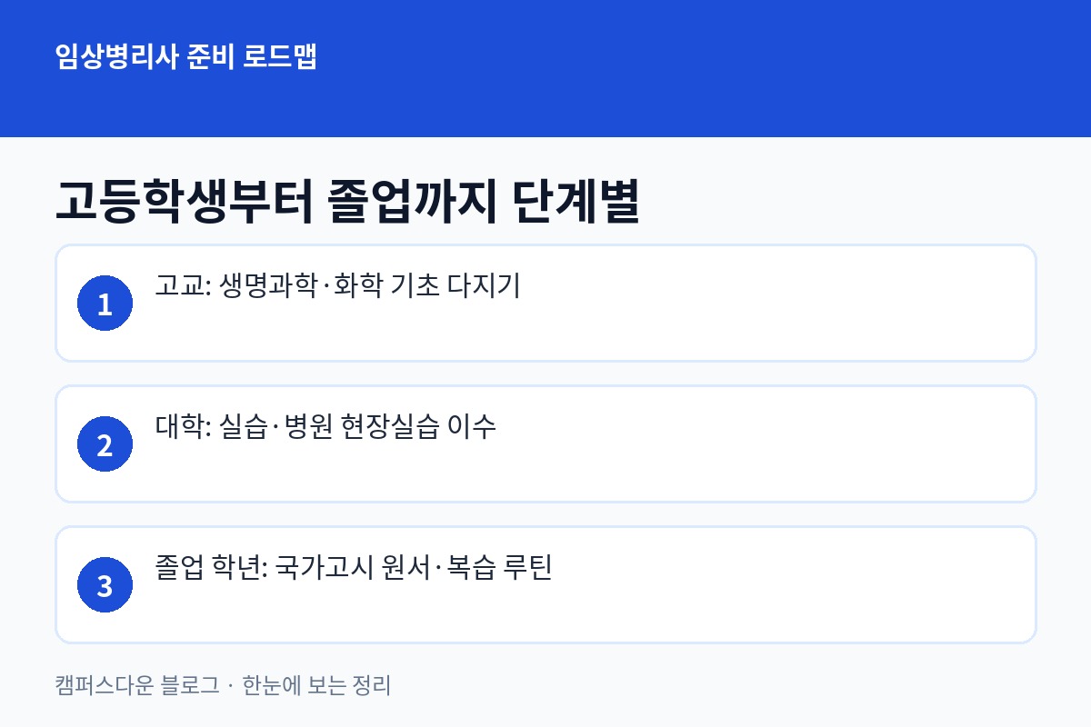 임상병리사 준비 로드맵 - 고교 생명과학 화학 기초, 대학 실습, 졸업 학년 국가고시 준비