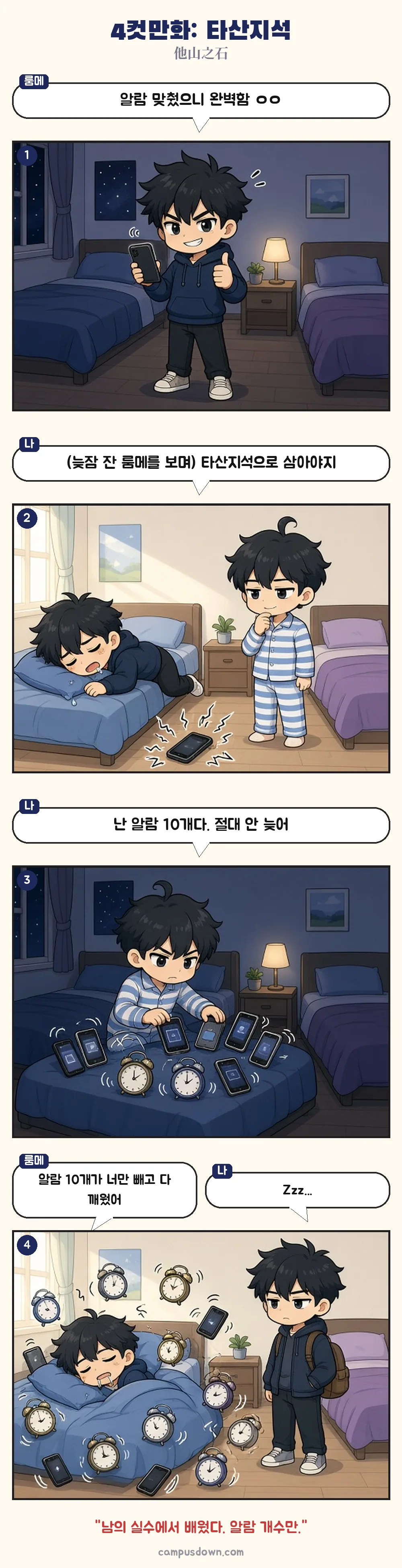 늦잠 잔 룸메이트를 보고 알람 10개를 맞췄지만 결국 자기도 못 일어나는 4컷만화