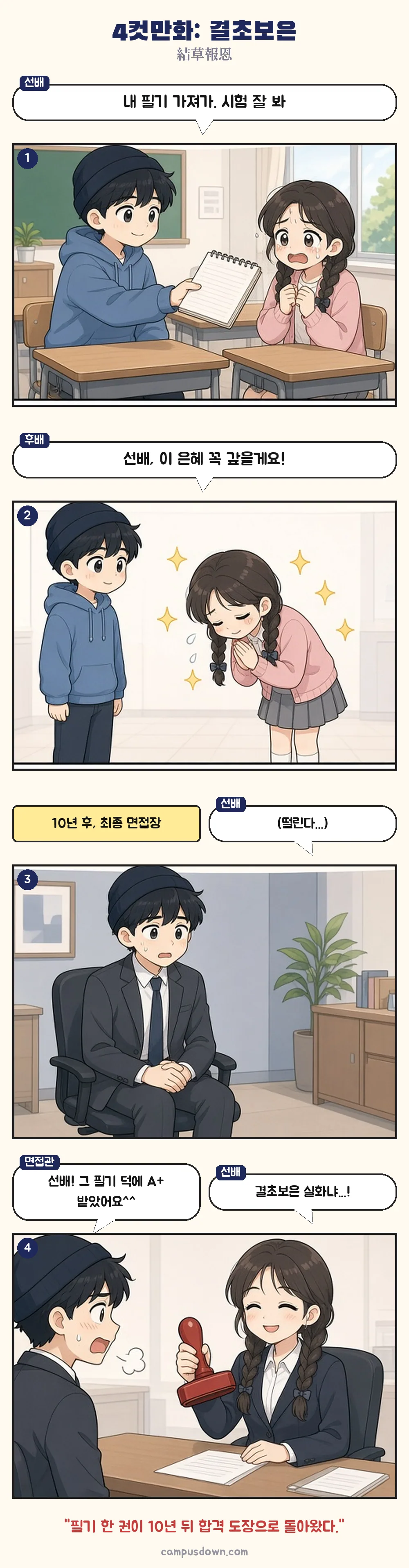 필기를 빌려준 후배가 10년 뒤 면접관이 되어 합격 도장을 들고 있는 4컷만화