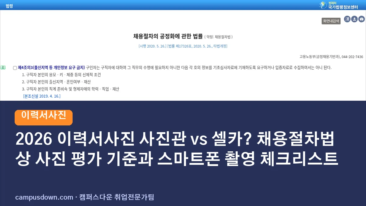 2026 이력서사진 사진관 vs 셀카? 채용절차법상 사진 평가 기준과 스마트폰 촬영 체크리스트