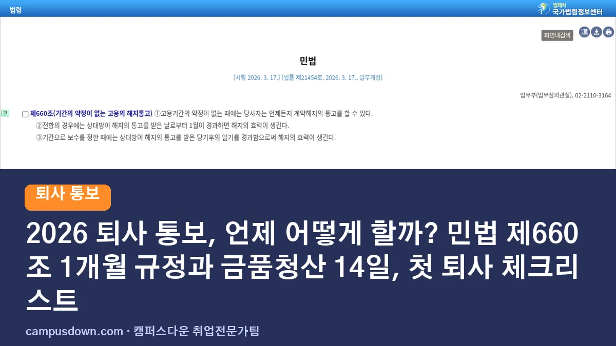 2026 퇴사 통보, 언제 어떻게 할까? 민법 제660조 1개월 규정과 금품청산 14일, 첫 퇴사 체크리스트