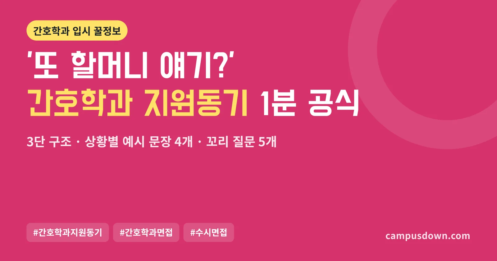 간호학과 지원동기 예시: 1분 답변 3단 구조, 상황별 문장 4개, 꼬리 질문 5개