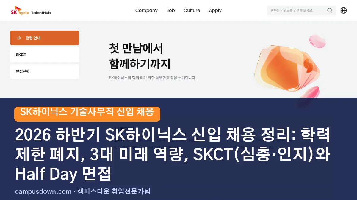 2026 하반기 SK하이닉스 신입 채용 정리: 학력 제한 폐지, 3대 미래 역량, SKCT(심층·인지)와 Half Day 면접