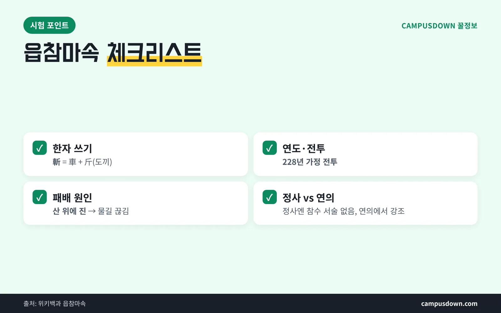 읍참마속 시험 대비 체크리스트 한자 쓰기 혼동 포인트