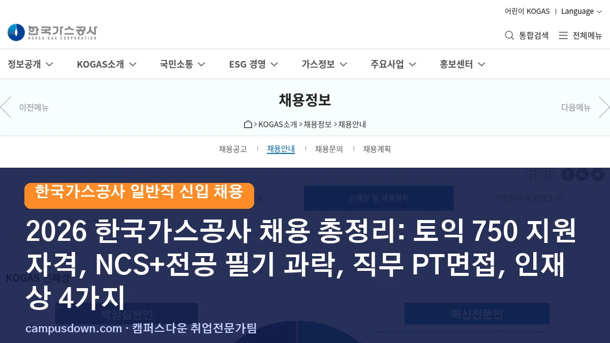 2026 한국가스공사 채용 총정리: 토익 750 지원자격, NCS+전공 필기 과락, 직무 PT면접, 인재상 4가지