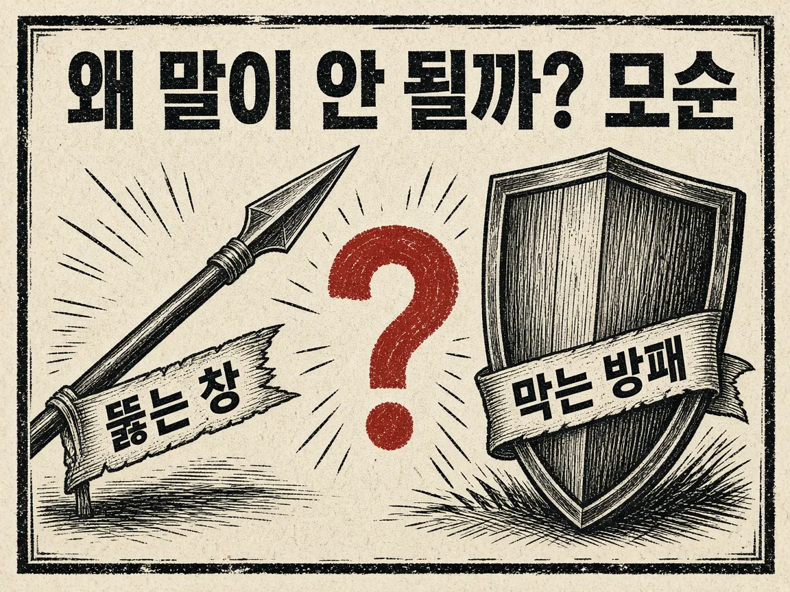 뚫는 창과 막는 방패 사이의 붉은 물음표 판화