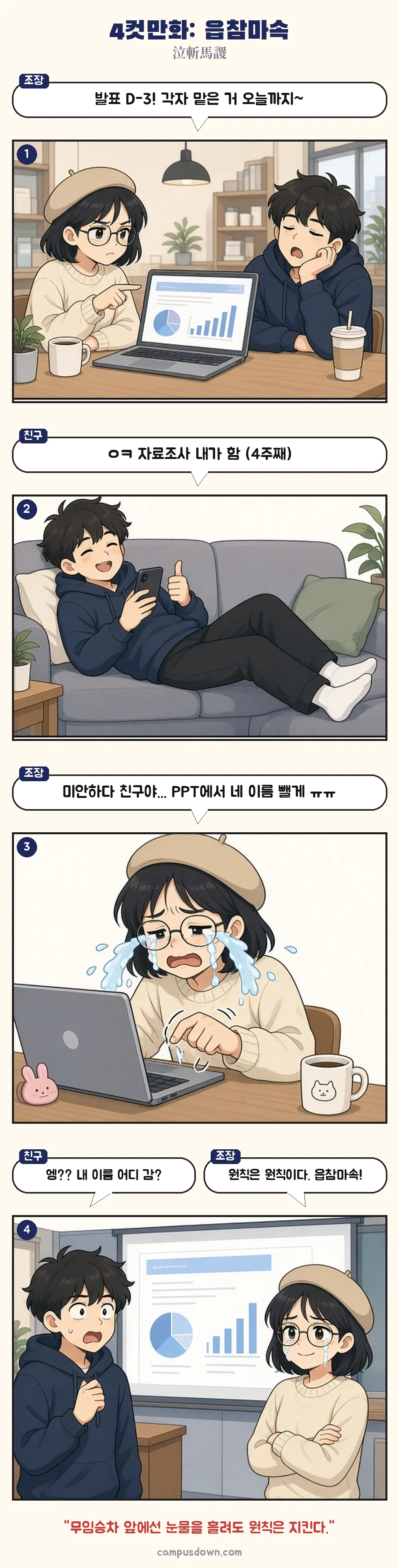 조별과제 조장이 4주째 놀기만 한 친구의 이름을 울면서 PPT에서 지우고, 발표 날 친구가 경악하는 4컷만화