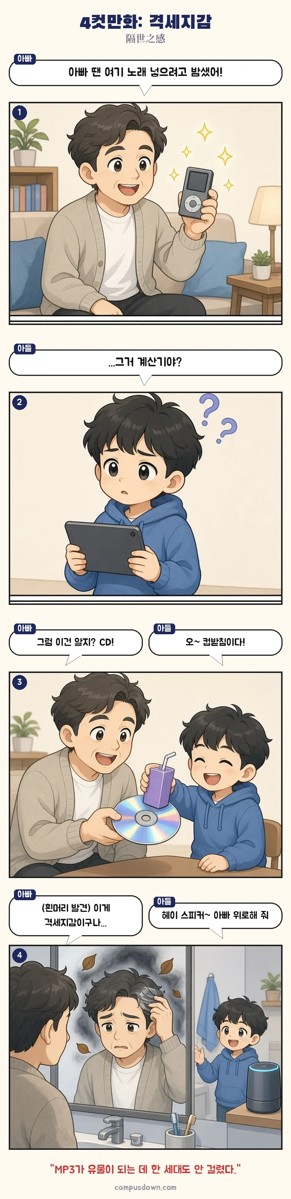 아빠가 MP3와 CD를 자랑하자 아이가 계산기와 컵받침으로 착각하고, 아빠가 거울 속 흰머리를 보며 시무룩해지는 4컷만화