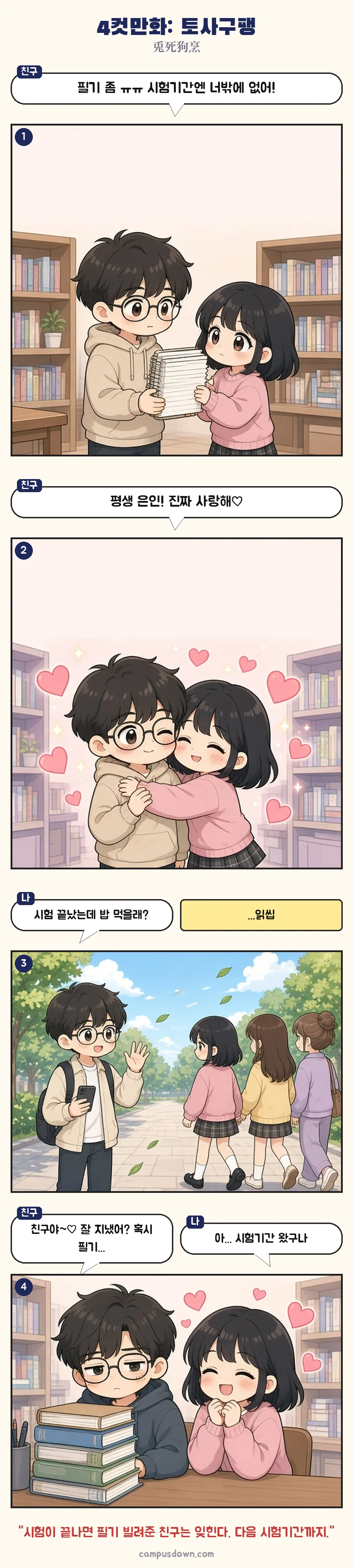 시험기간에만 필기를 빌리러 오고 시험이 끝나면 연락을 무시하는 친구를 그린 4컷만화