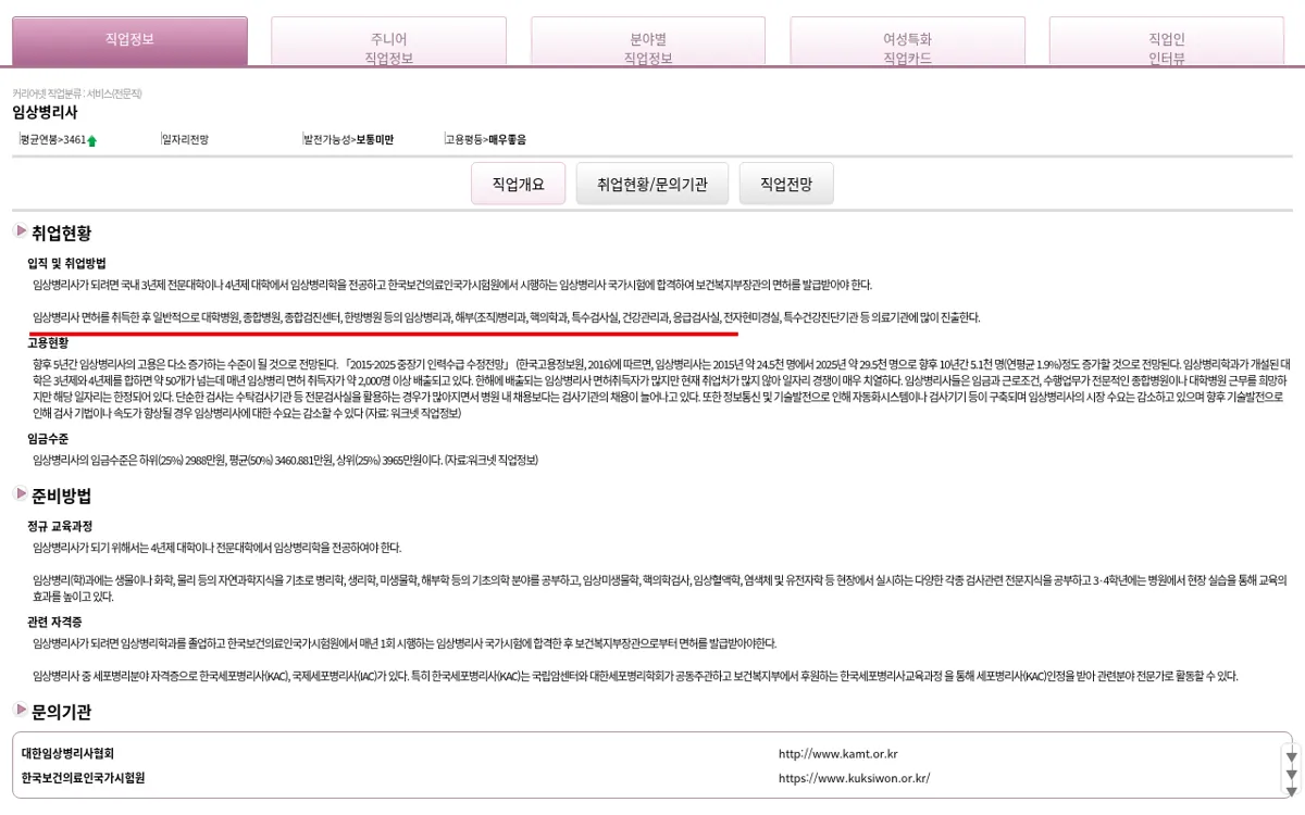 커리어넷 임상병리사 준비방법 화면
