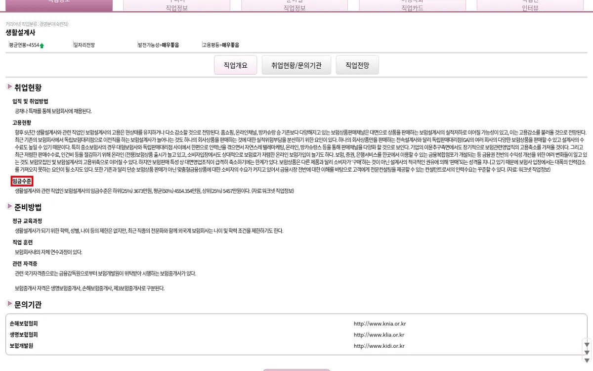 커리어넷 보험설계사 임금수준 화면