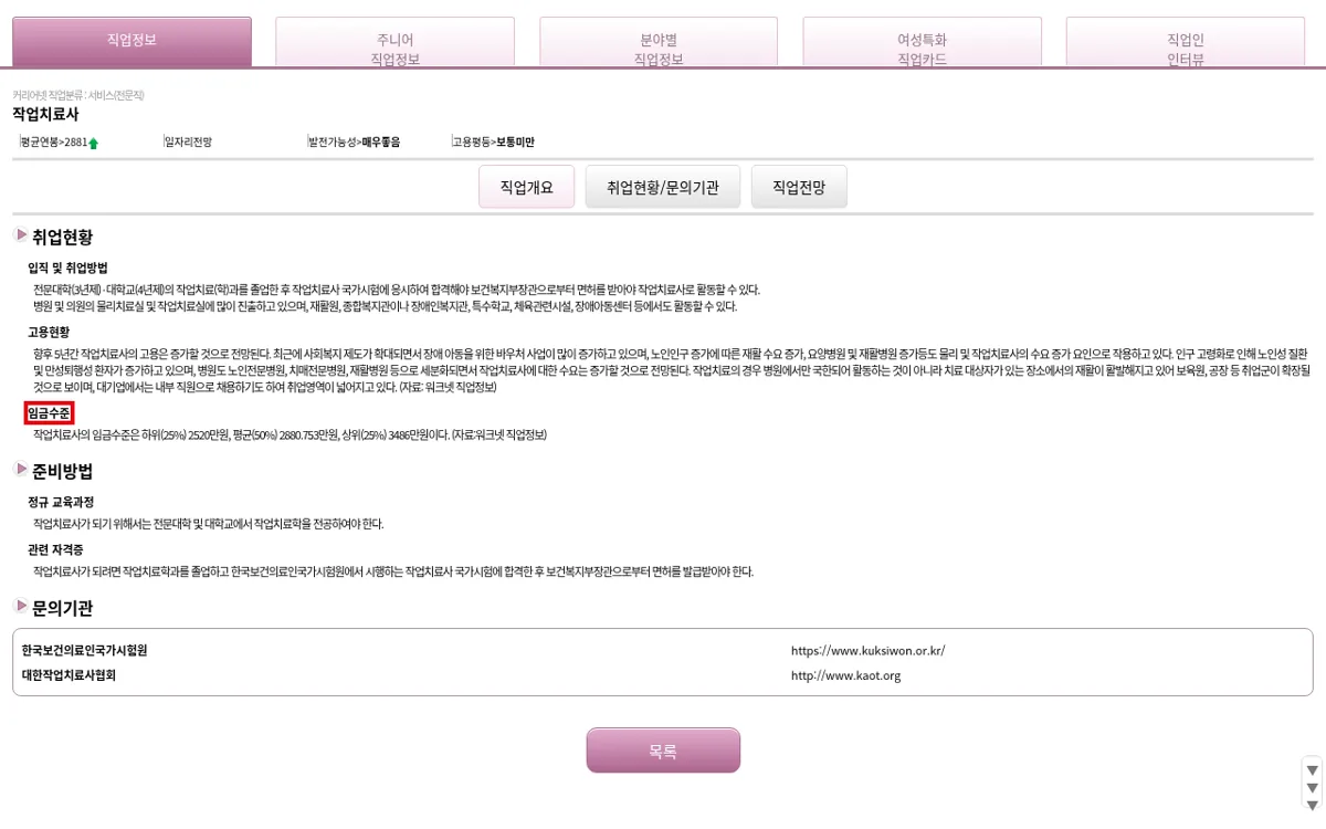 커리어넷 작업치료사 임금수준 화면