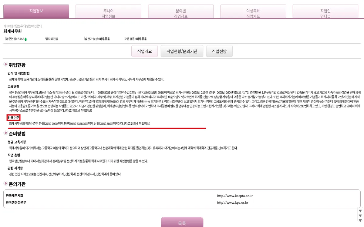 커리어넷 직업정보 회계사무원 직업개요