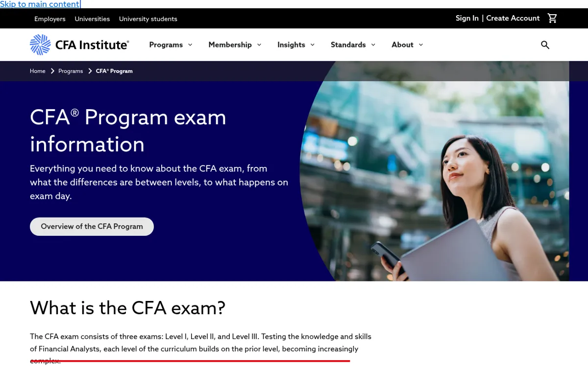 CFA Institute 레벨별 시험 비교 화면