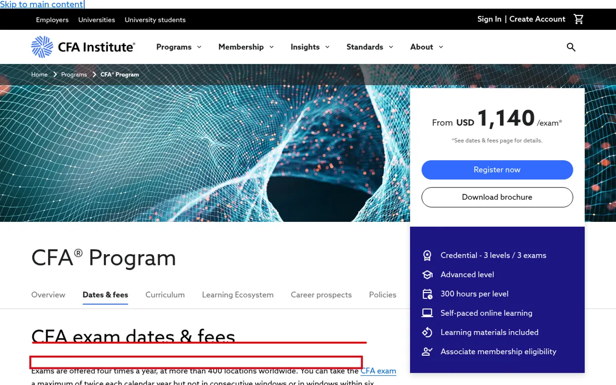 CFA Institute exam dates and fees 화면