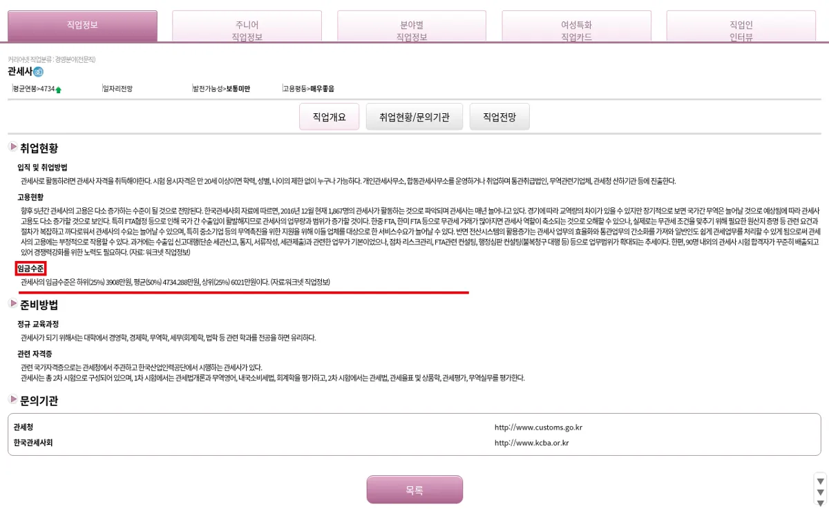 커리어넷 직업정보 관세사 임금수준