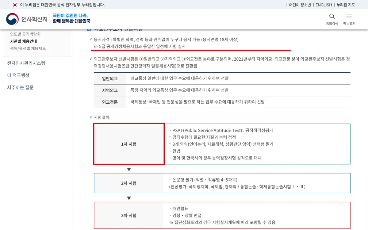 인사혁신처 외교관후보자 선발시험 안내 화면