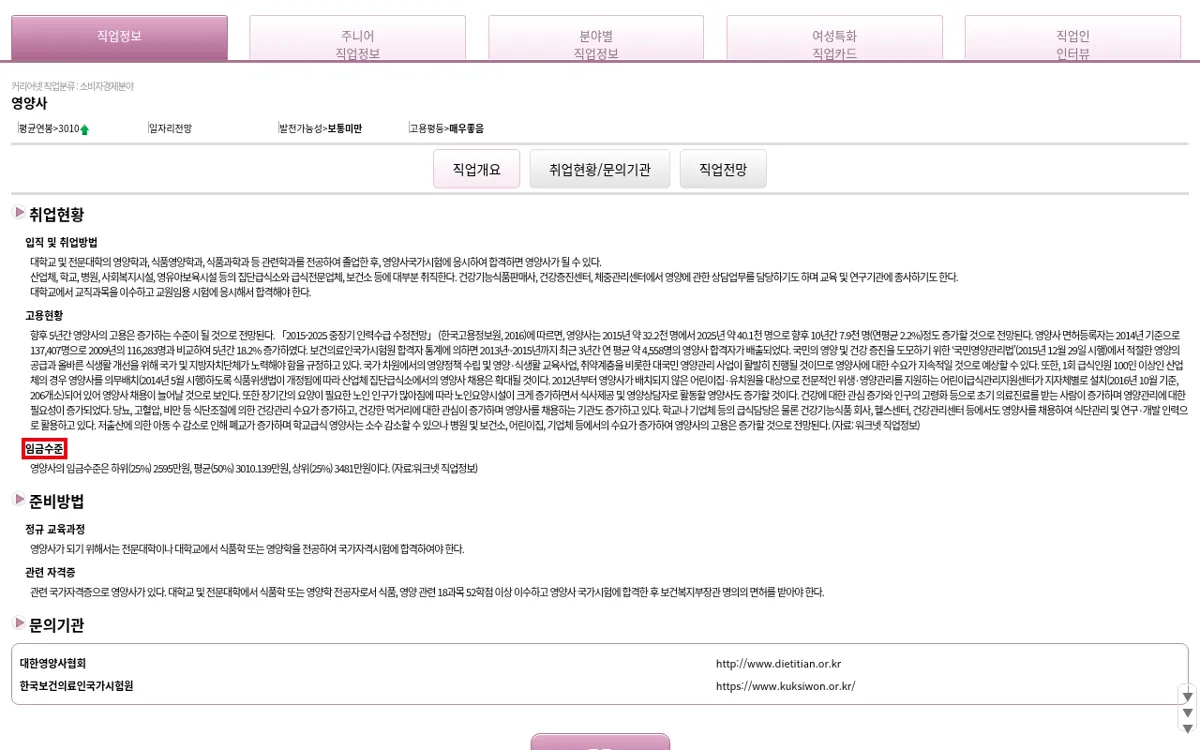 커리어넷 영양사 임금수준 화면