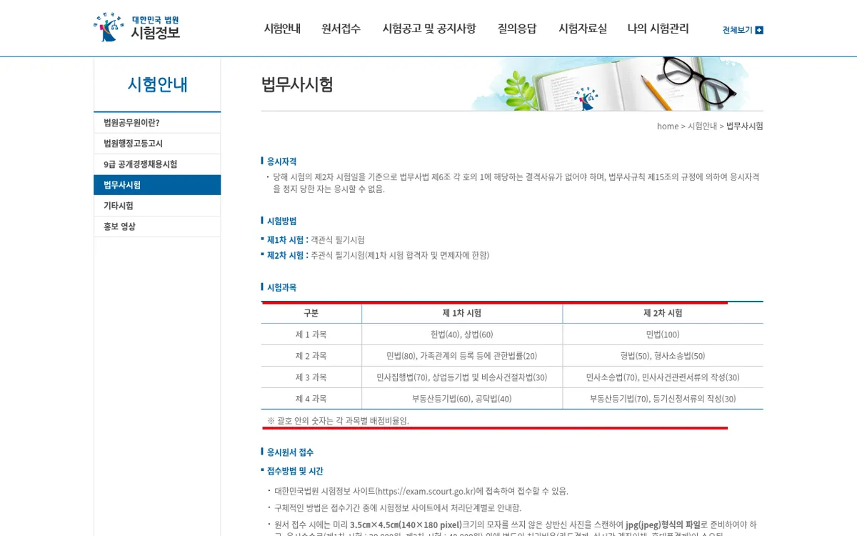 대한민국 법원 시험정보 법무사시험 안내 화면