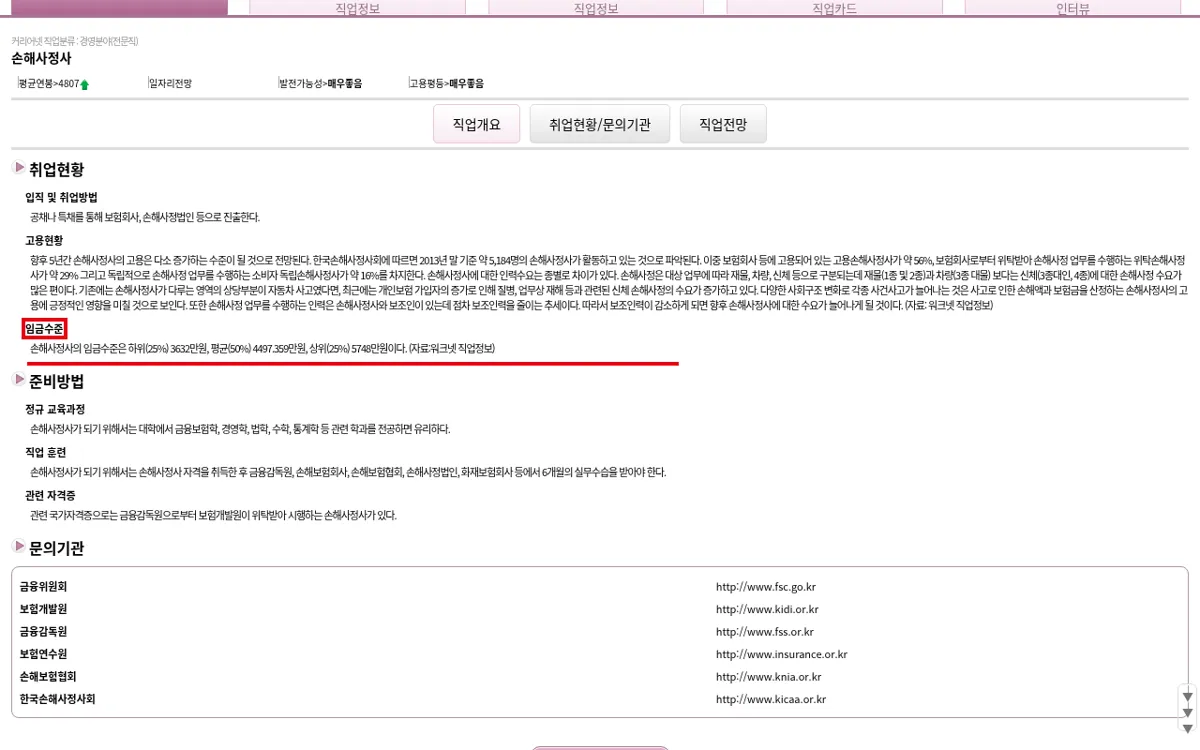 커리어넷 직업정보 손해사정사 취업현황 탭 임금수준
