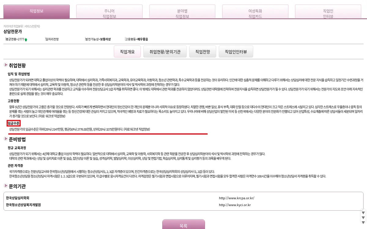 커리어넷 상담전문가 임금수준 화면