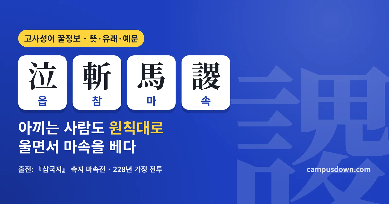 읍참마속 뜻과 유래: 泣斬馬謖 한자, 제갈량과 가정 전투, 토사구팽과 차이·예문·영어 표현