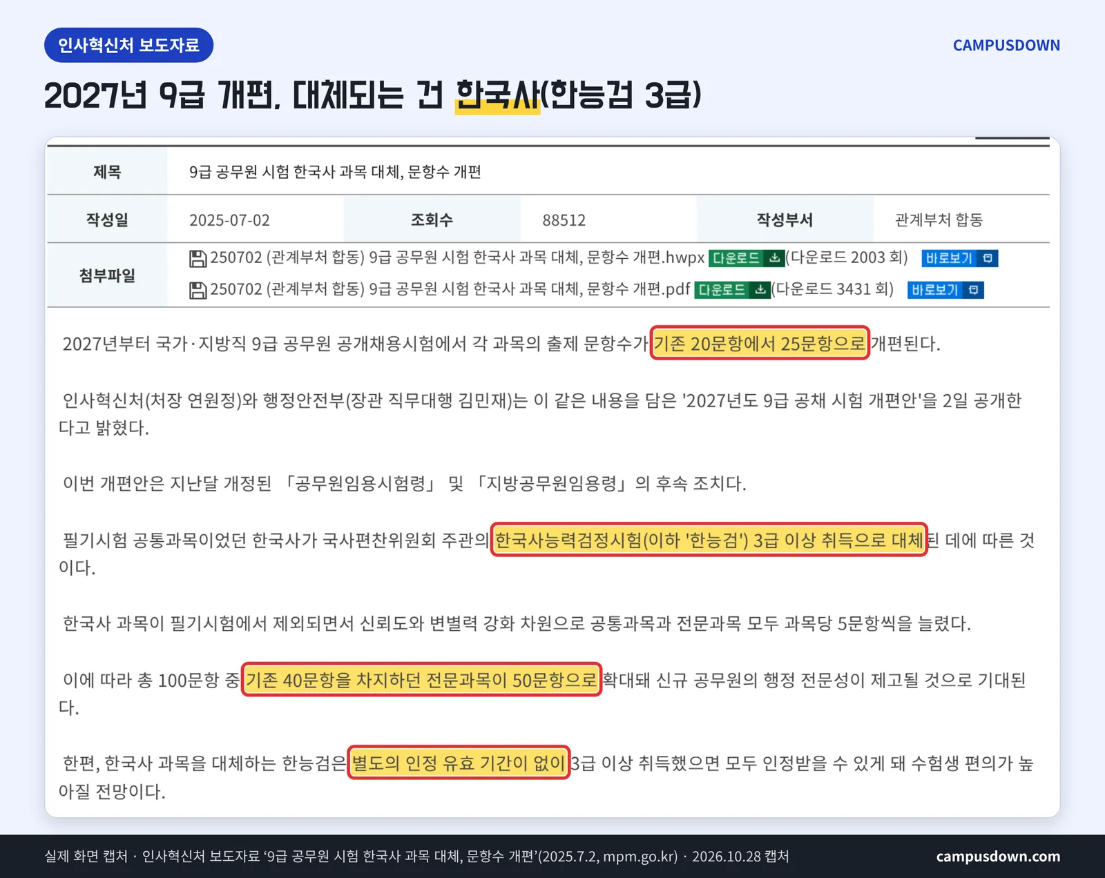 인사혁신처 9급 공무원 시험 한국사 대체 문항수 개편 보도자료 실제 화면